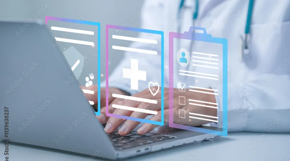 Doctor using laptop with digital medical icons representing health data and patient records.
