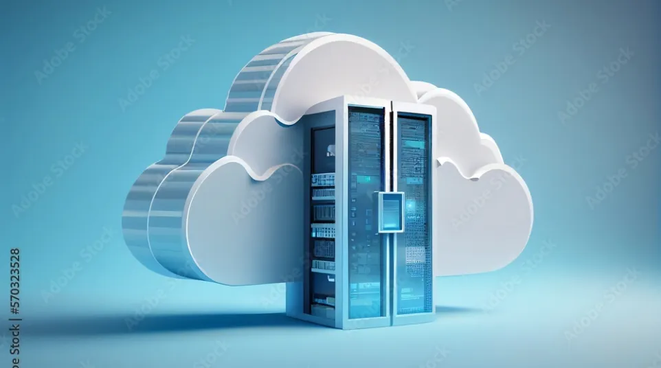 A modern server surrounded by a stylized cloud, symbolizing cloud computing and data storage.