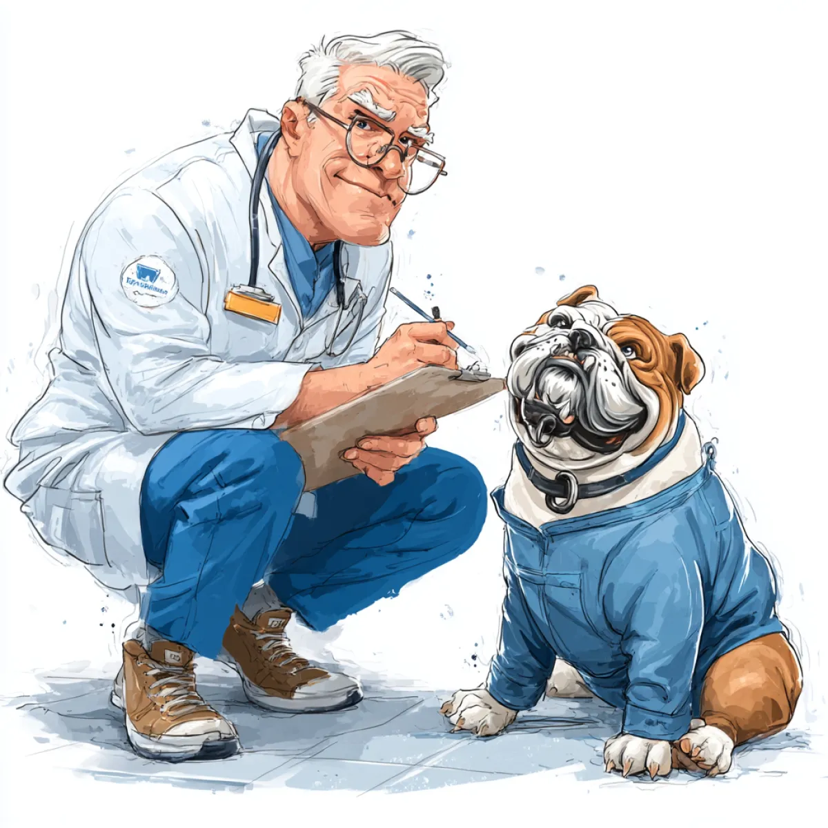 Veterinarian in white coat writing on clipboard next to a bulldog in a blue sweater sitting on tiled floor