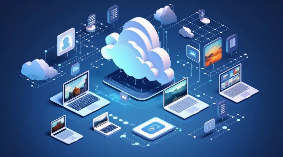 3D illustration of cloud computing with connected laptops sharing data and files through cloud storage.