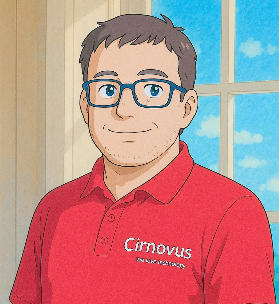 A friendly animated character wearing a red Cirnovus polo shirt in a bright room.